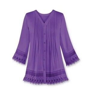 Collections Etc. Women’s Pintuck Lace Trim Button Down V Neck Tunic 3XL Purple